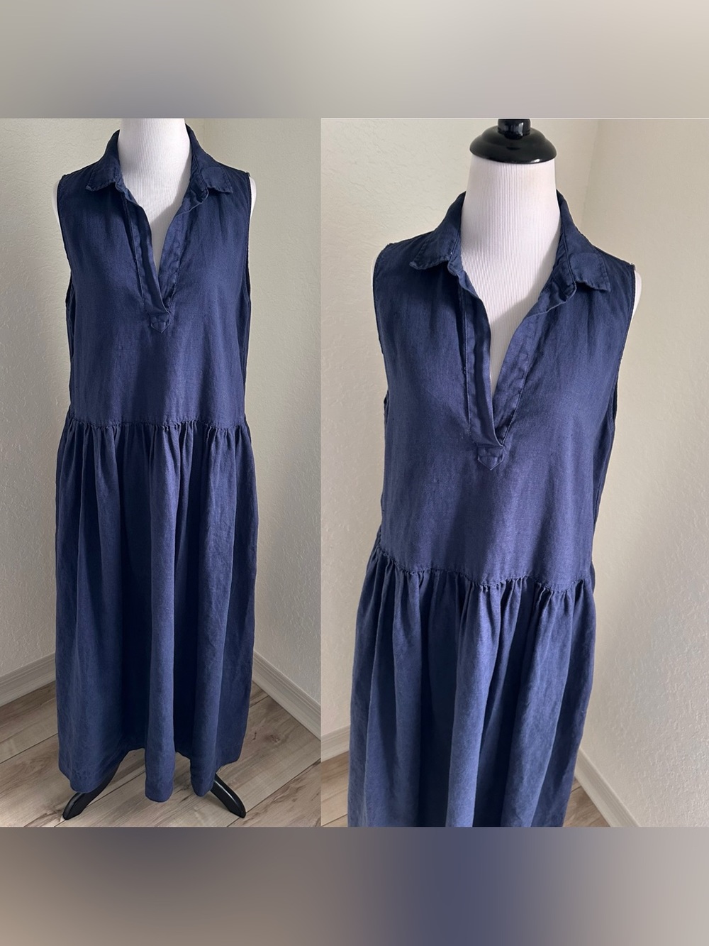 Frank & Eileen Daphne Blue 100% Linen Sleeveless Tiered Midi Dress Womens Medium